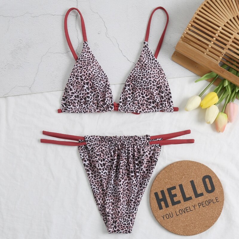 

Leopard Triangle Thong Bikini Swimsuit, Multicolor