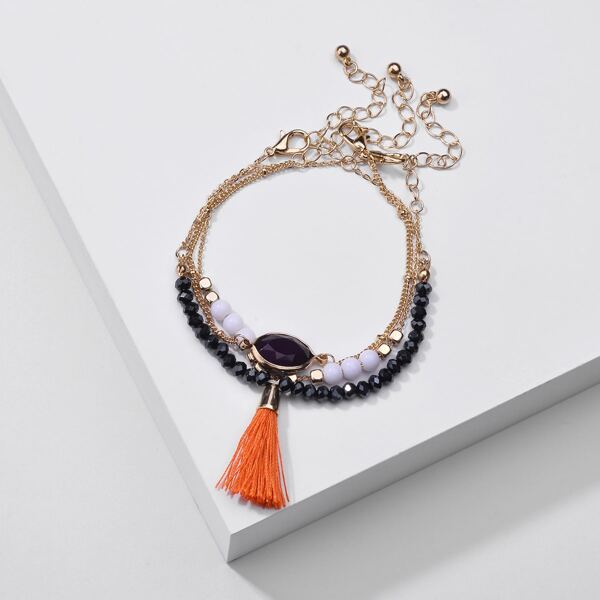 

3pcs Tassel Bead Decor Bracelet, Multicolor