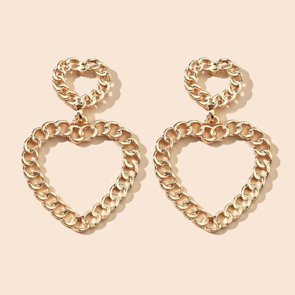 

Chain Design Heart Charm Drop Earrings, Gold