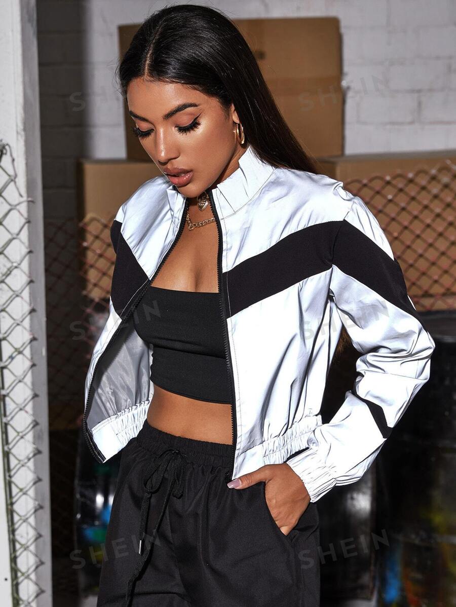 SHEIN Unity Chaqueta reflectiva de color combinado con cremallera - Plateado - Ver 1