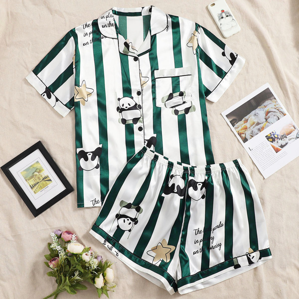 

Plus Cartoon Panda Print Striped Pajama Set, Multicolor