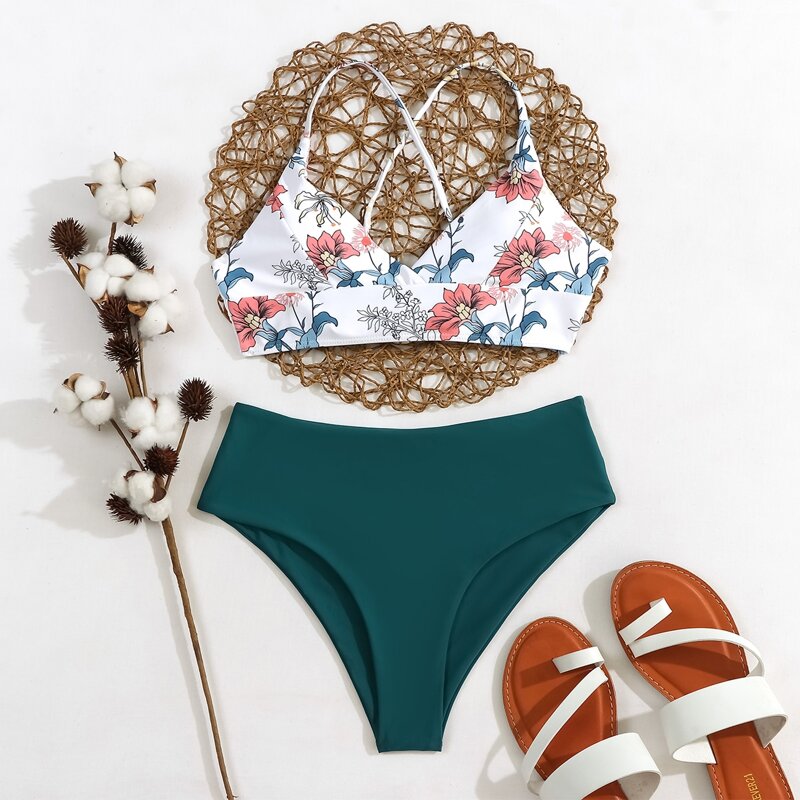 

Floral Tie Back High Waisted Bikini Swimsuit, Multicolor