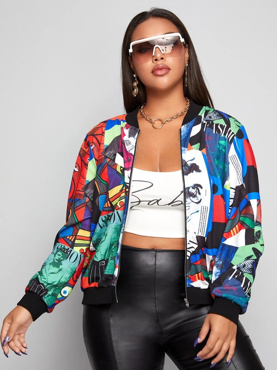 SHEIN Unity áo khoác kích thước lớn Dây kéo Lá thư Giải trí - Nhiều màu - Xem 1