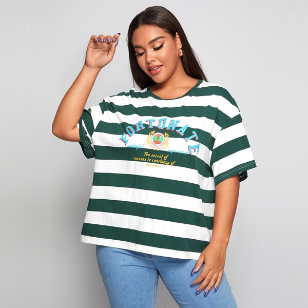 

Plus Slogan Graphic Striped Top, Multicolor