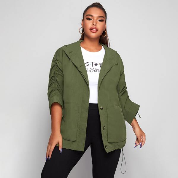 

Plus Drawstring Sleeve Button Front Hooded Coat, Army green