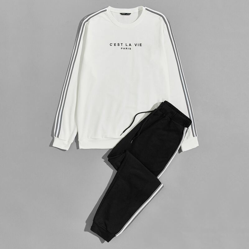 

Guys Slogan Graphic Striped Tape Detail Pullover & Sweatpants Set, Black and white