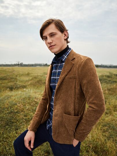 Мужской однобортный вельветовый пиджак с карманом