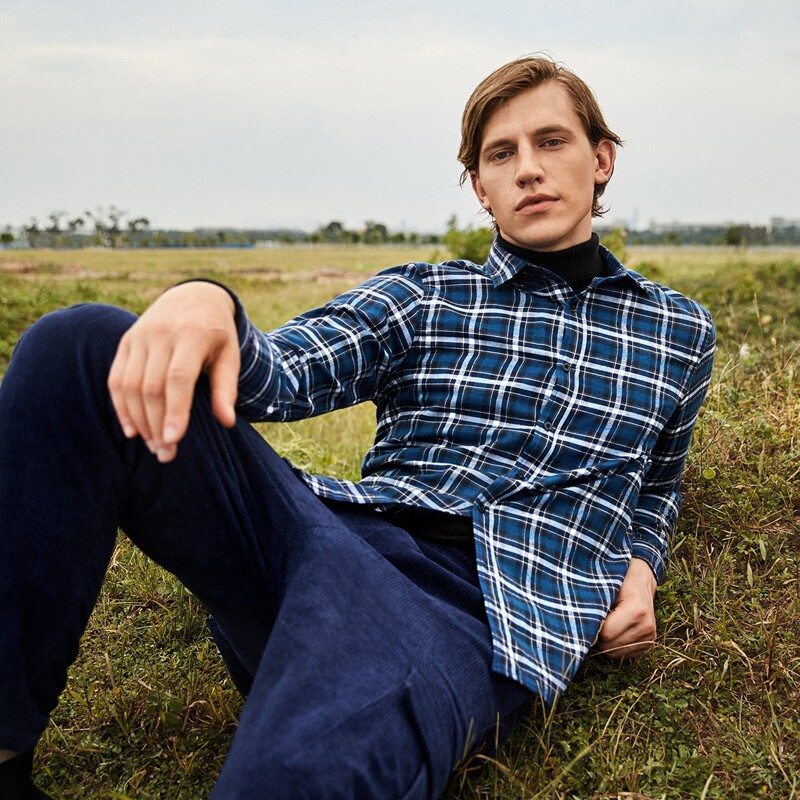 

Men Curved Hem Plaid Shirt, Navy blue
