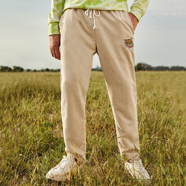 

Men Tiger Embroidered Grommet Drawstring Waist Cord Pants, Beige