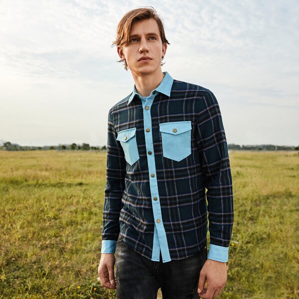 

Men Flap Pocket Front Tartan Shirt, Multicolor