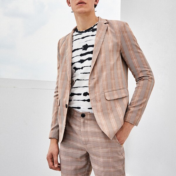 

Men Notch Collar Flap Detail Glen Plaid Blazer, Apricot
