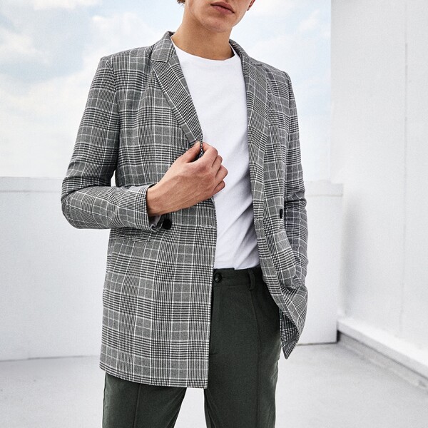 

Men Notch Collar Glen Plaid Double Button Blazer, Black and white