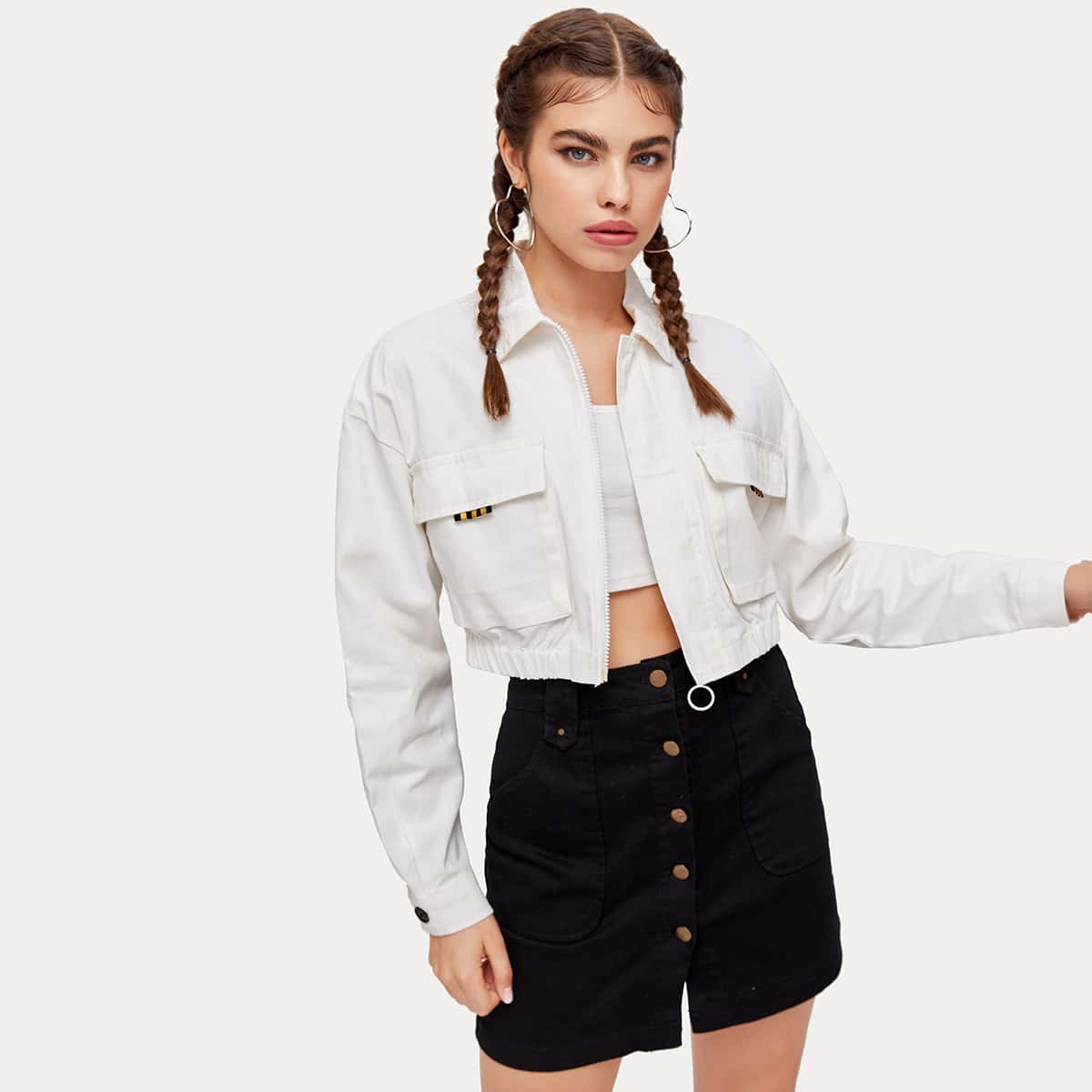 

Pocket Front Zipper Crop Jacket, White