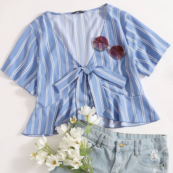 

Plus Tie Front Striped Peplum Top, Baby blue