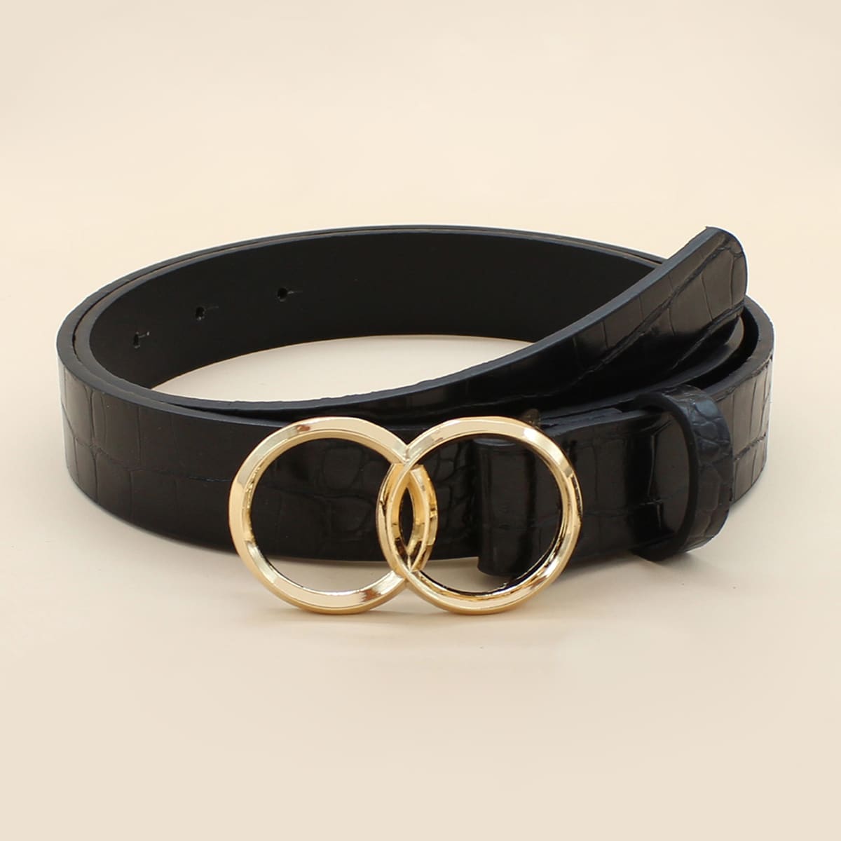 

Double O-ring Buckle Croc Print Belt, Black