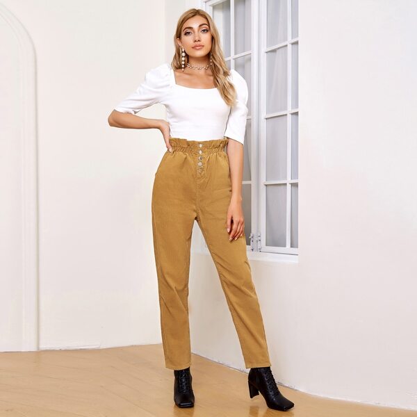 

Paperbag Waist Button Fly Corduroy Pants, Mustard yellow