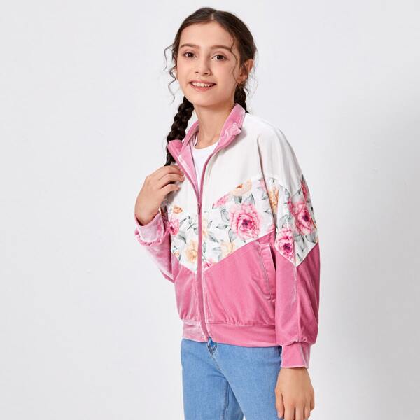 

Girls Floral Print Chevron Velvet Jacket, Multicolor