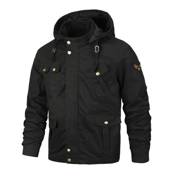 

Men Patched Flap Pocket Drawstring Hooded Jacket, Black