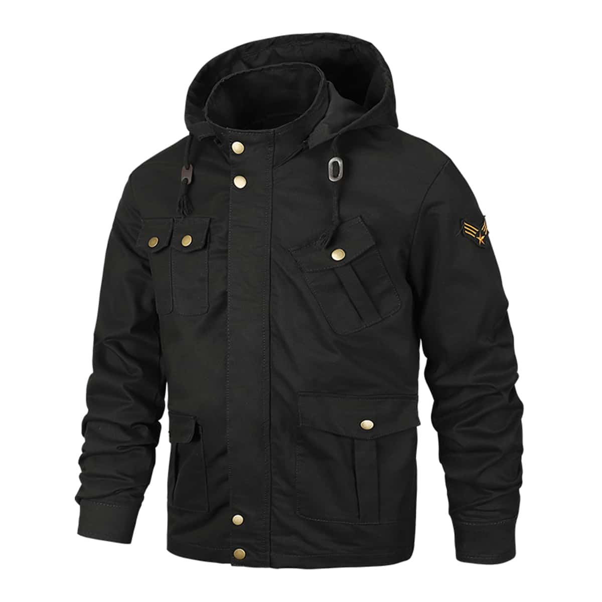 

Guys Patched Flap Pocket Drawstring Hooded Jacket, Black