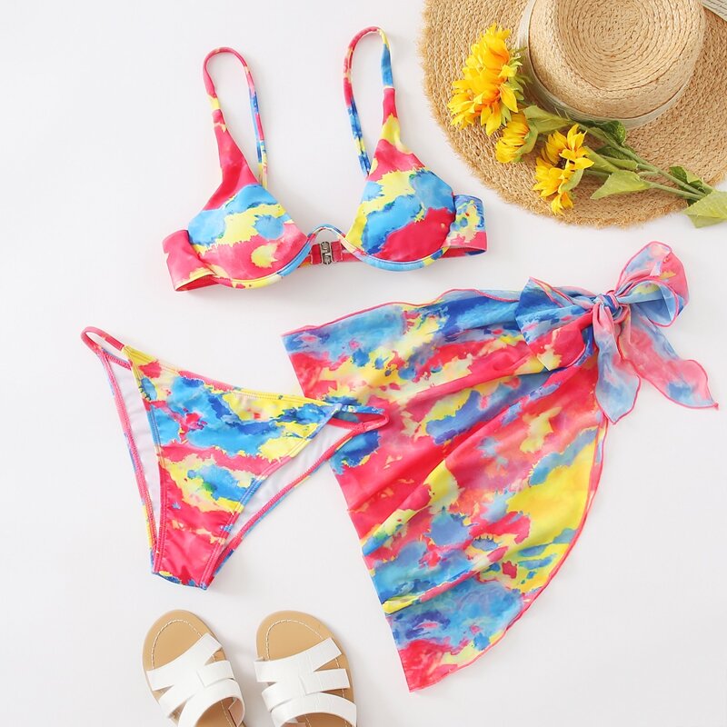 

3pack Tie Dye Underwire Bikini Swimsuit & Beach Skirt, Multicolor