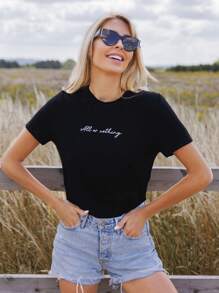SHEIN Essnce Slogan Graphic Tee All Or Nothing - Black - View 1