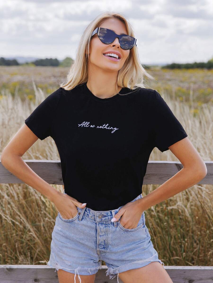 SHEIN Essnce Slogan Graphic Tee All Or Nothing - Black - View 1