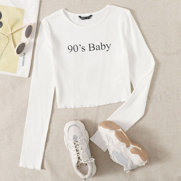 

Letter Graphic Lettuce Trim Rib-knit Tee, White