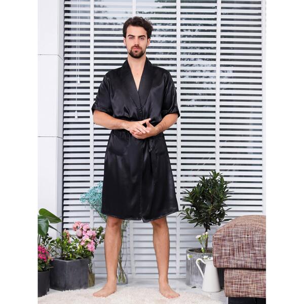 

Men Solid Belted Shawl Collar Robe, Black