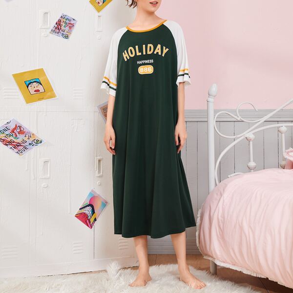 

Contrast Raglan Sleeve Letter Graphic Nightdress, Dark green