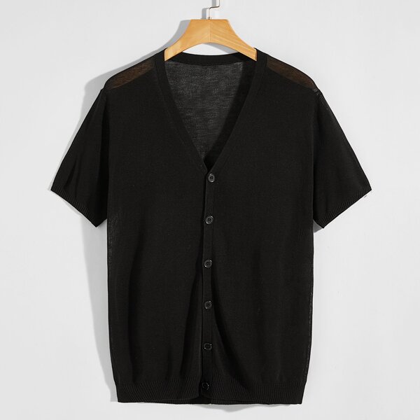 

Men Short Sleeve Button Placket Solid Cardigan, Black