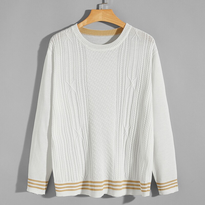 

Guys Cable Knit Striped Hem Sweater, White