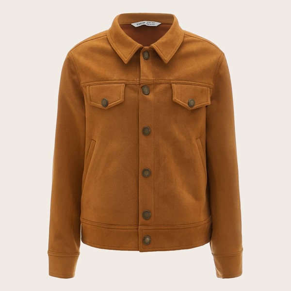 

Boys Flap Detail Single Breasted Placket Suede Coat, Brown