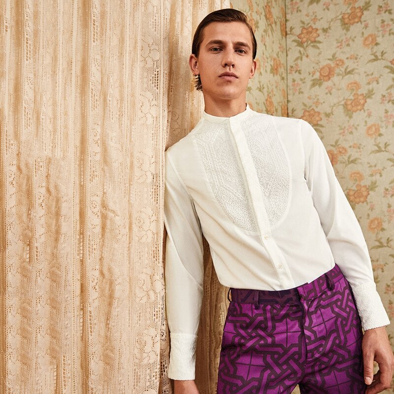 

Guys Mock Neck Lace Panel Shirt, White
