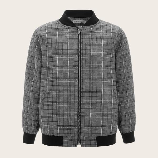 

Boys Plaid Zipper Placket Bomber Jacket, Grey
