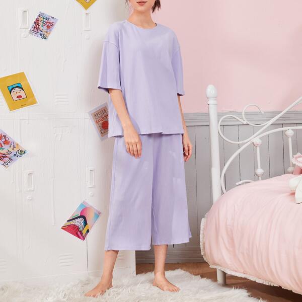 

Drop Shoulder Solid Top & Palazzo Pants PJ Set, Pastel lilac purple