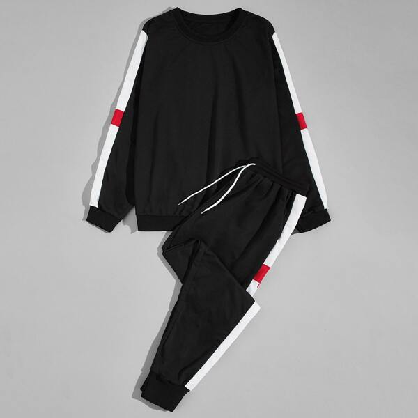 

Men Contrast Sideseam Sweatshirt With Drawstring Joggers, Black