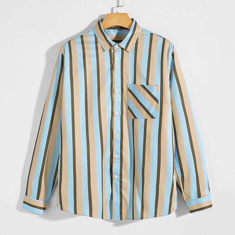 

Men Vertical Striped Pocket Patched Shirt, Multicolor