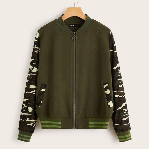 

Camo Panel Zipper Placket Bomber Jacket, Army green