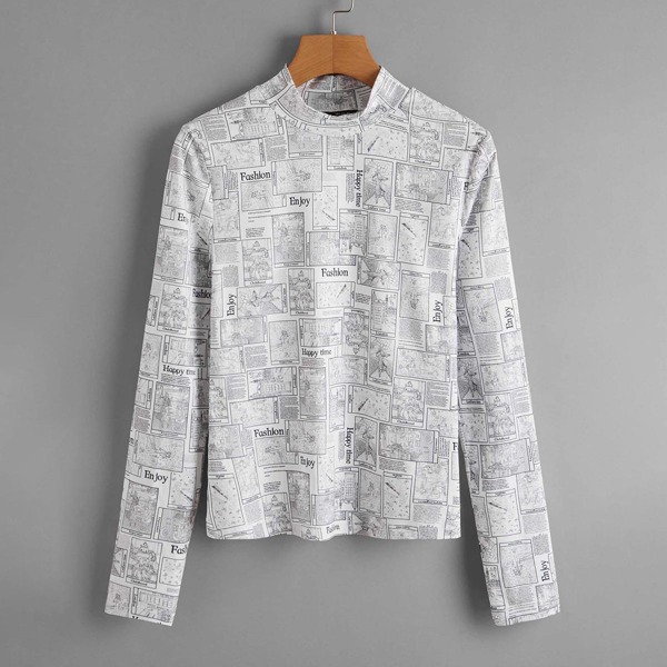

Mock Neck Letter Graphic Tee, White