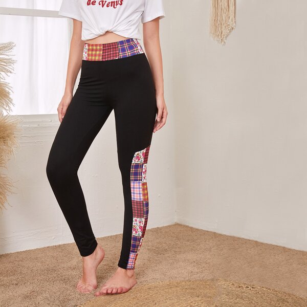 

Patchwork Print Wide Band Waist Leggings, Black