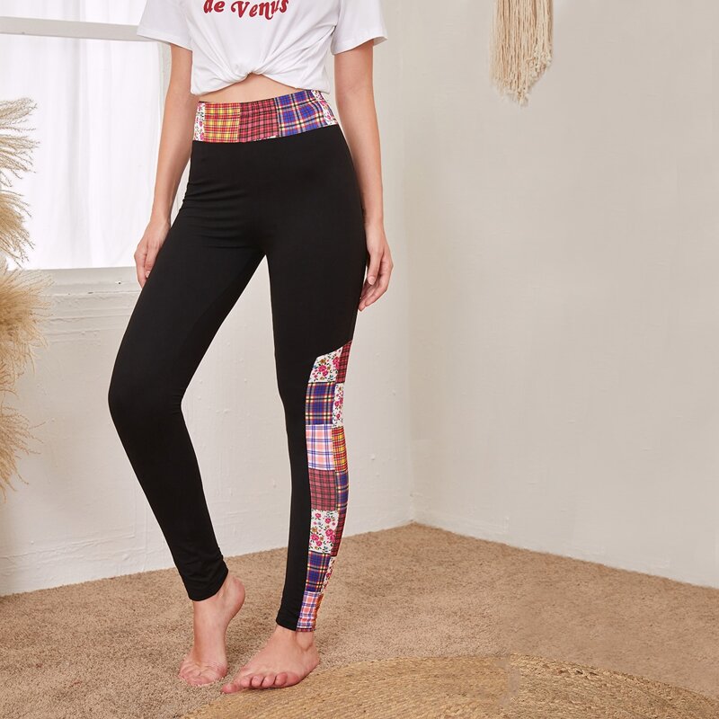 

Patchwork Print Wide Band Waist Leggings, Black