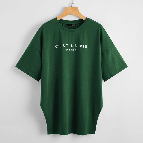 

Drop Shoulder Slogan Graphic Longline Tee, Dark green