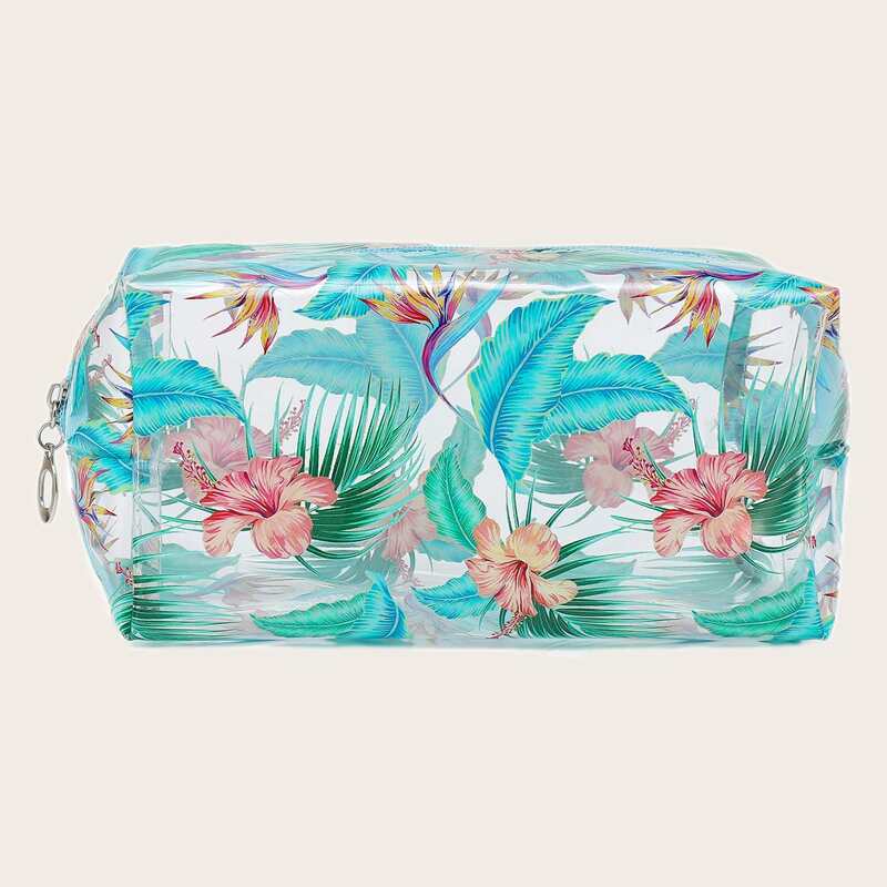 

1pc Leaf Print Striped Makeup Bag, Multicolor