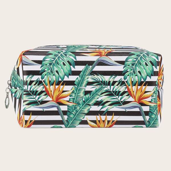 

1pc Leaf Print Striped Makeup Bag, Multicolor