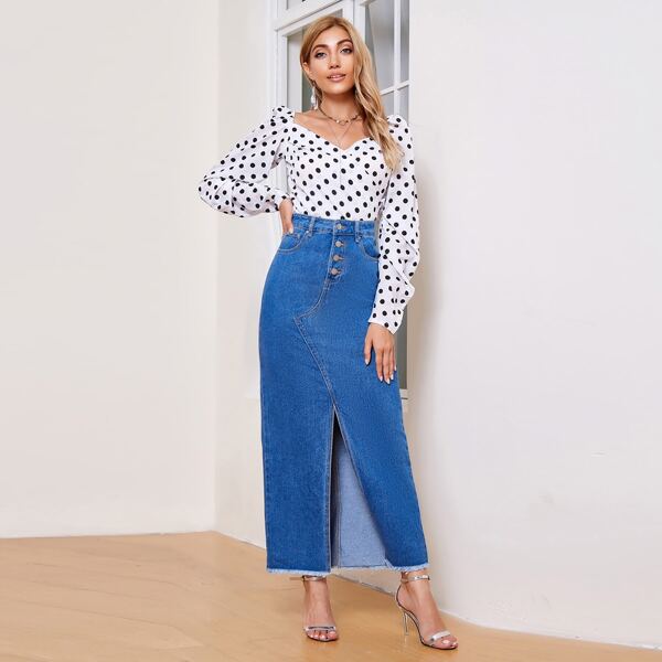 

High Waist Raw Hem Slit Denim Skirt, Medium wash