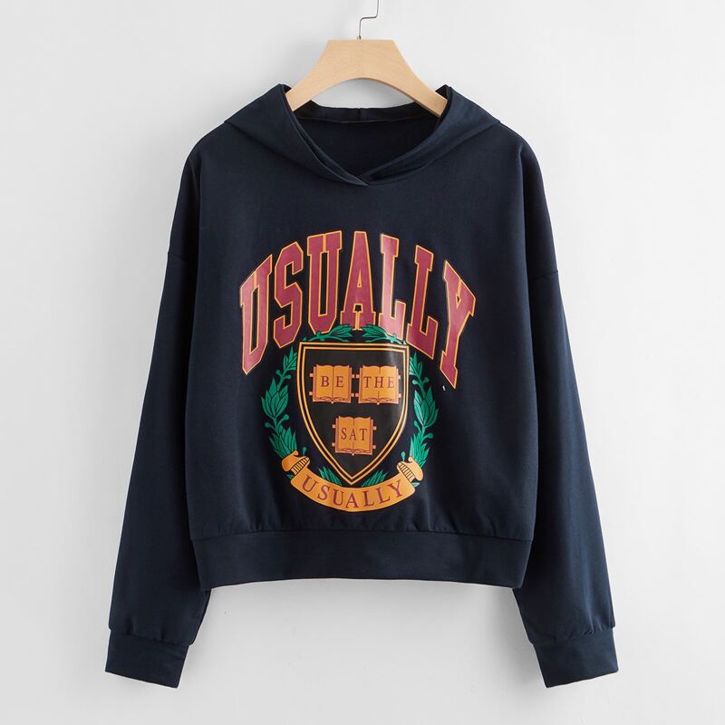 

Drop Shoulder Slogan & Geometric Print Hoodie, Navy blue