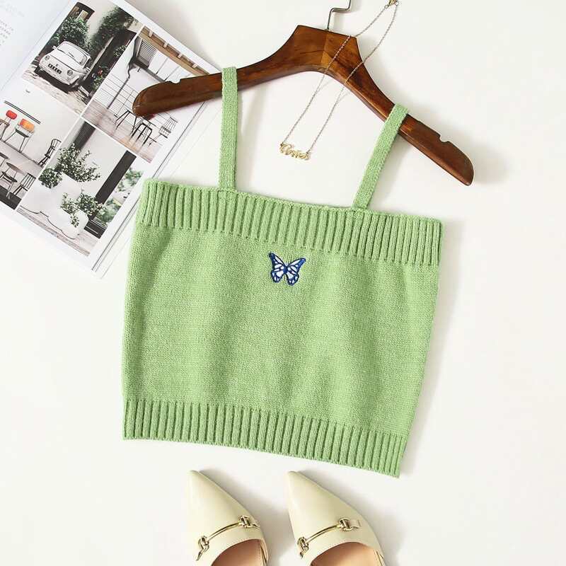 

Butterfly Embroidery Knit Cami Top, Lime green