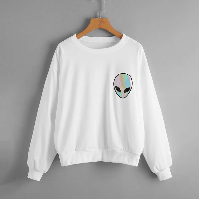 

Alien Print Drop Shoulder Sweatshirt, White