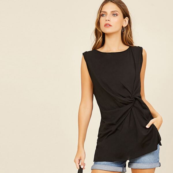 

Side Knot Jersey Knit Sleeveless Tank Top, Black