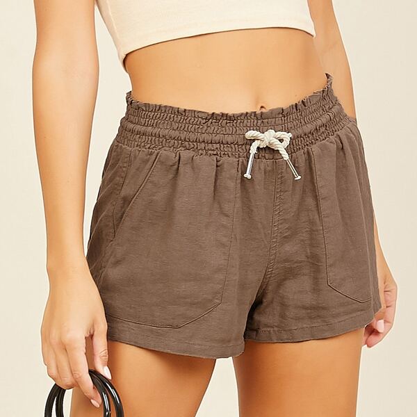 

Elastic Drawstring Waist Linen Shorts With Pockets, Coffee brown